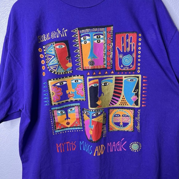 Vintage 90s Laurel Burch Pop Art Single Stitch USA Shirt Unisex XL Purple Tribal - Picture 3 of 8
